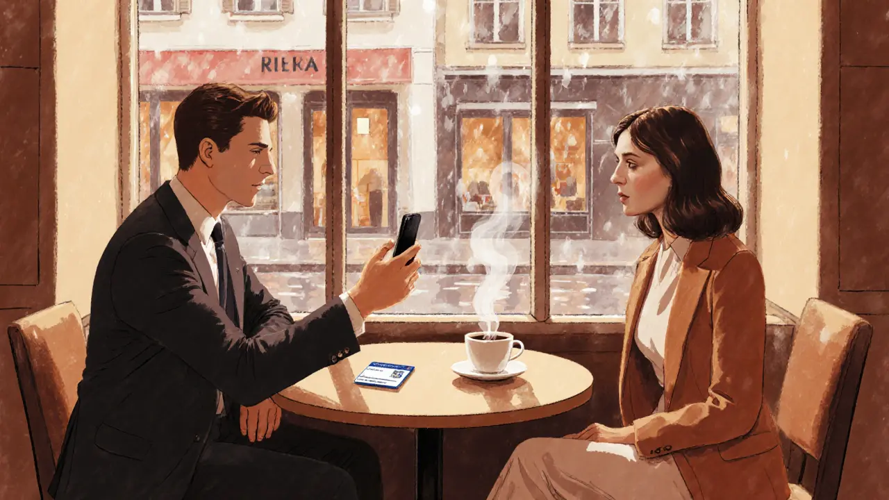 A client and escort share coffee in a neutral café, exchanging a verification photo.