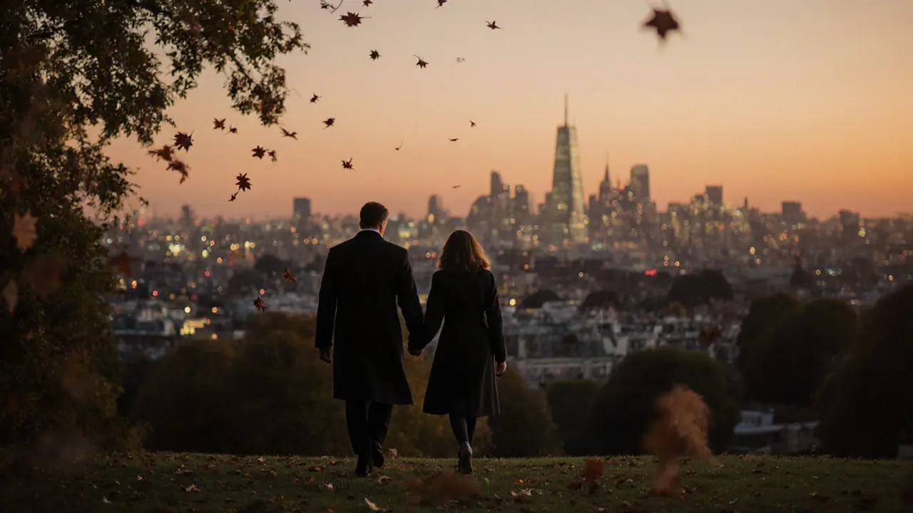 A couple walking hand-in-hand along Primrose Hill as London glows at sunset.