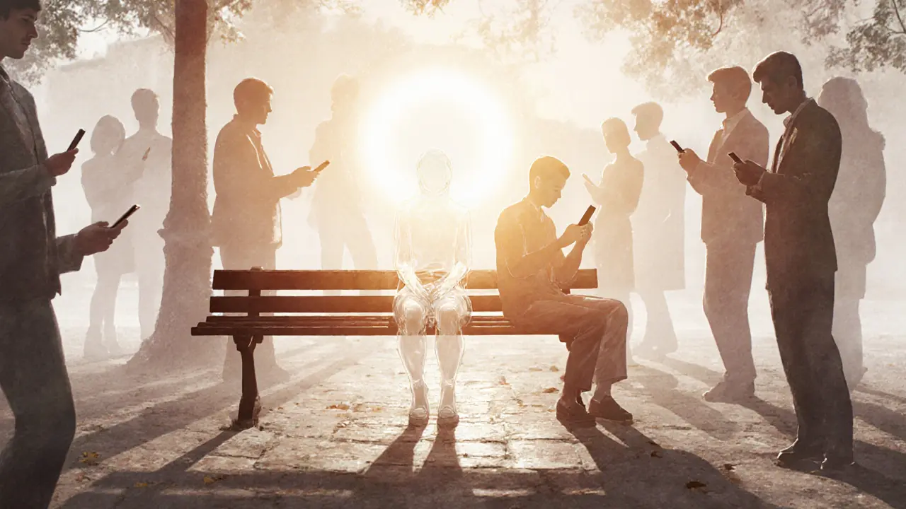 A lonely figure on a bench, surrounded by fading social ghosts, with one person offering quiet presence.