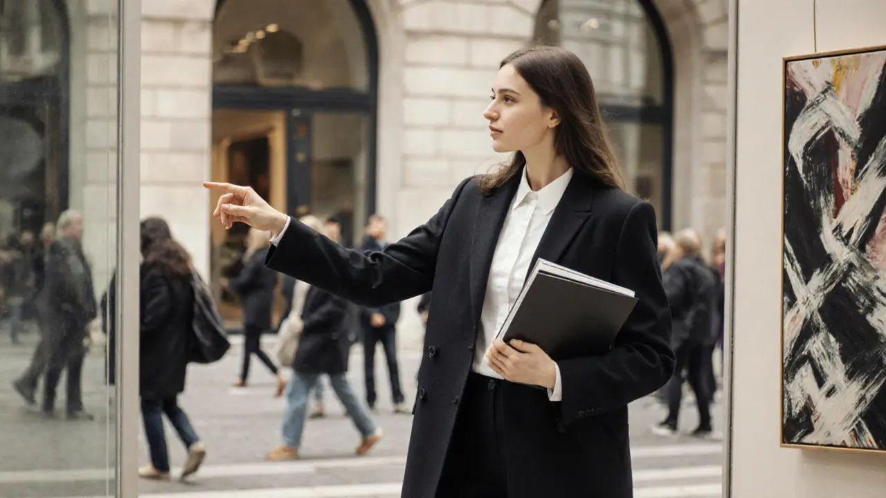 A poised woman stands outside an art gallery, engaging with a painting as visitors pass by.