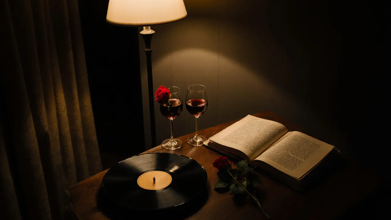 A serene apartment interior with wine glasses, a vinyl record, and a single rose.