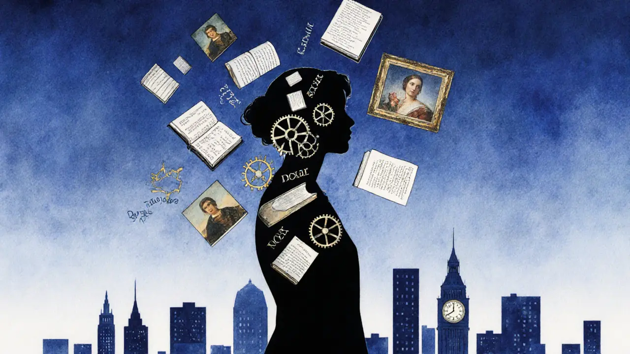 A woman&#039;s silhouette blends into symbols of art, books, and time, representing emotional companionship.