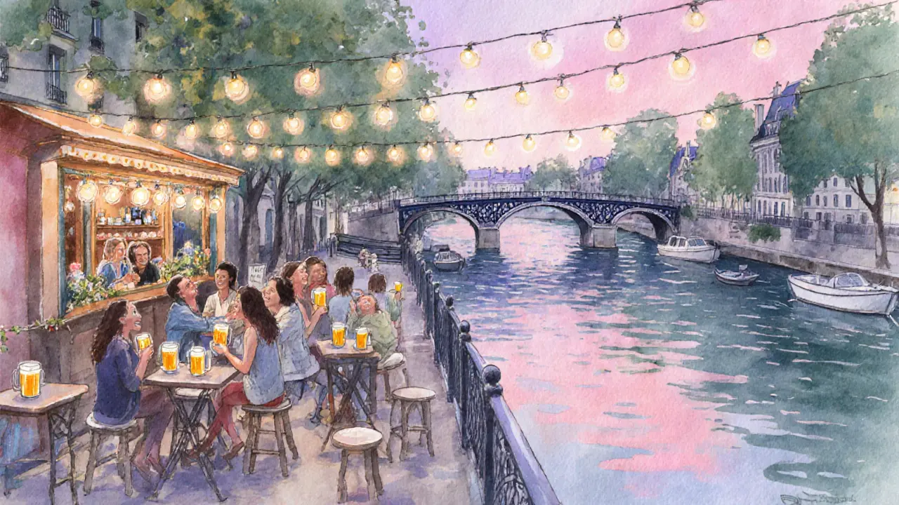 Canal Saint‑Martin riverside bar at dusk with friends sipping cheap beers.