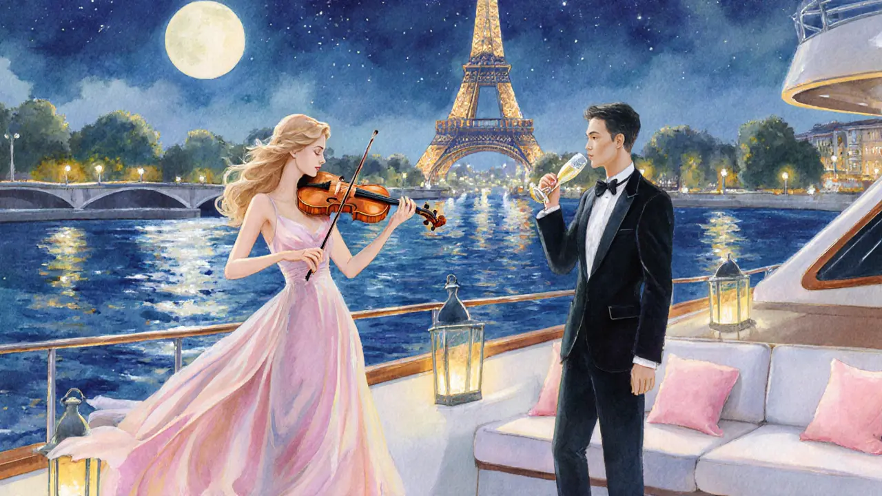 Champagne yacht glides on the Seine at night, a couple enjoys music under lantern light.