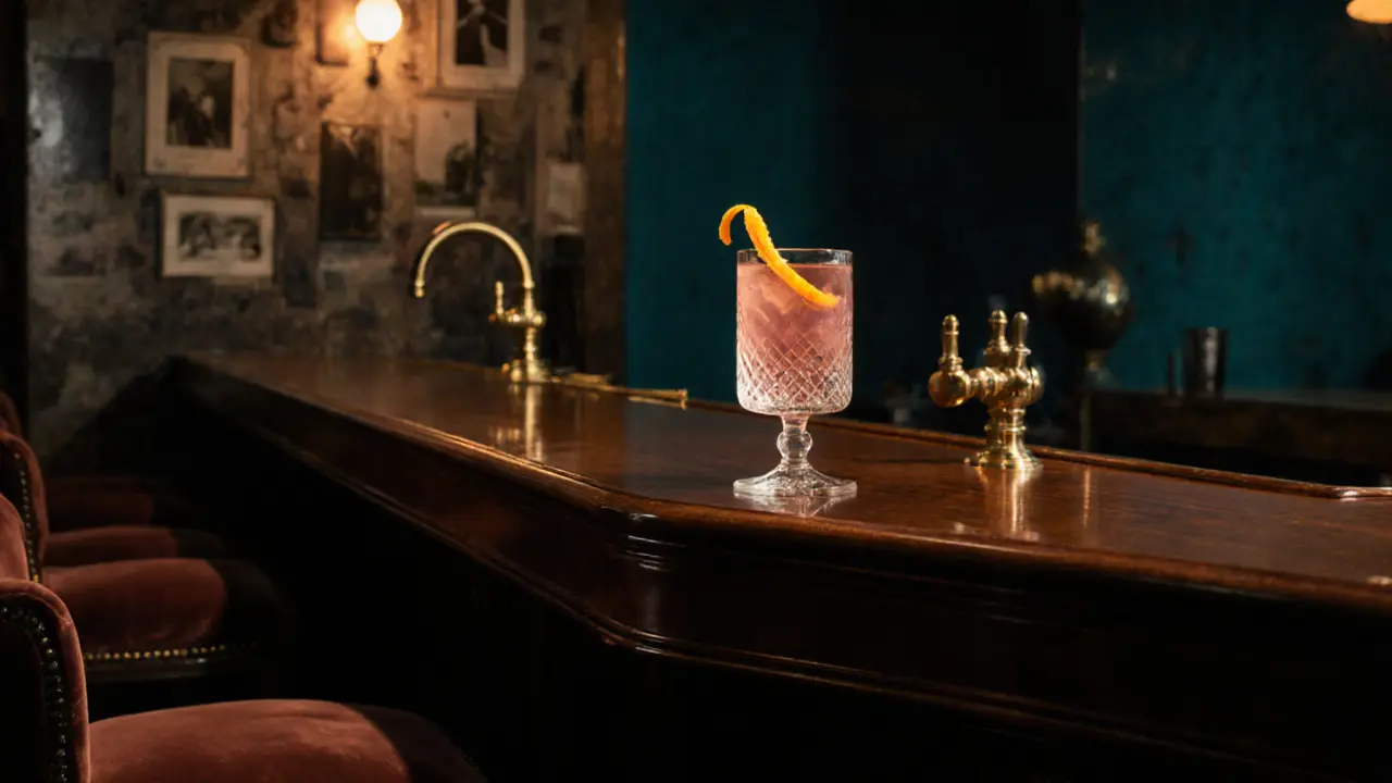Close-up of a pink Negroni Sbagliato on a polished bar counter at Bar Basso.