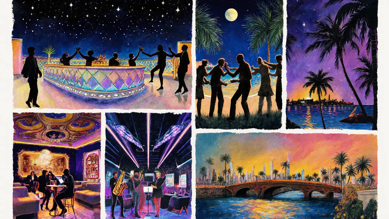 Collage of Abu Dhabi nightlife: rooftop, beach club, nightclub, speakeasy, cultural venue.