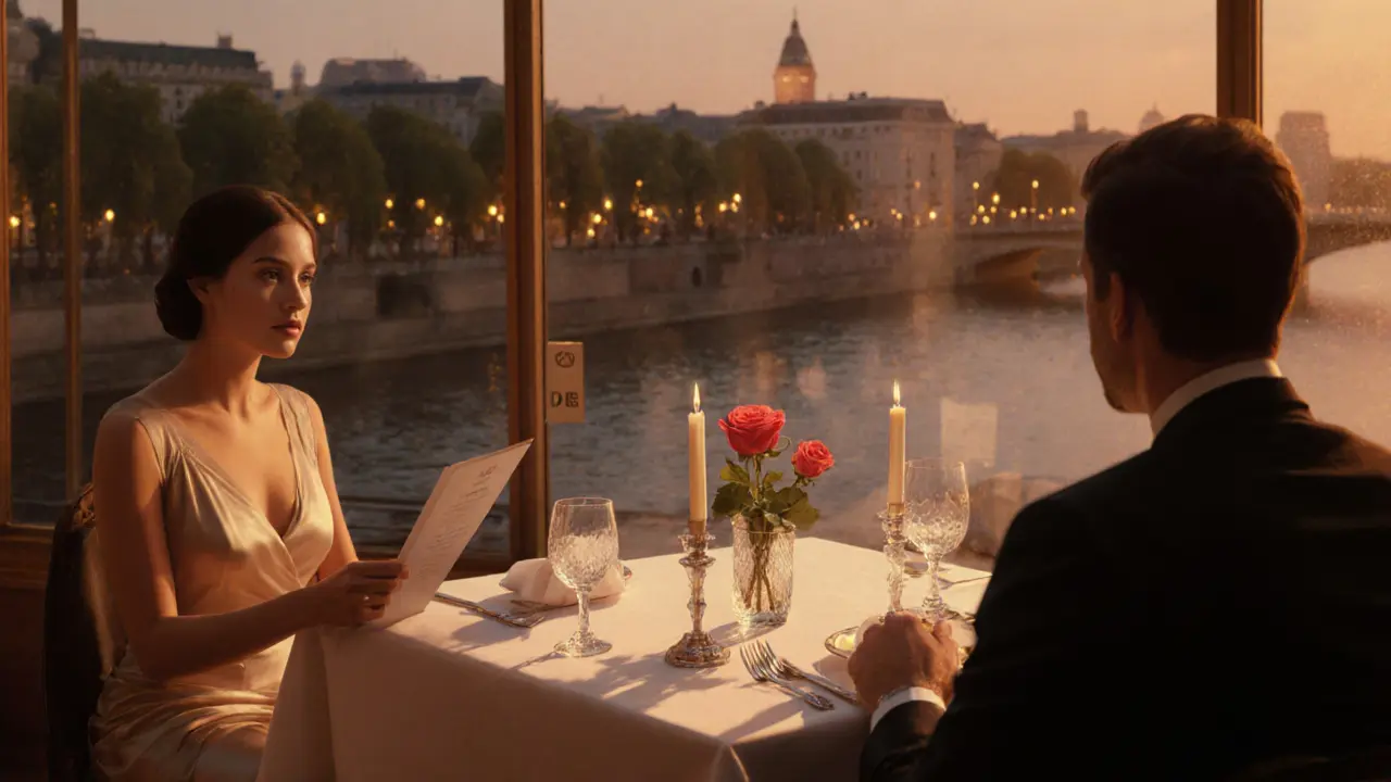 Companion and client sharing a candlelit dinner in a luxury restaurant.