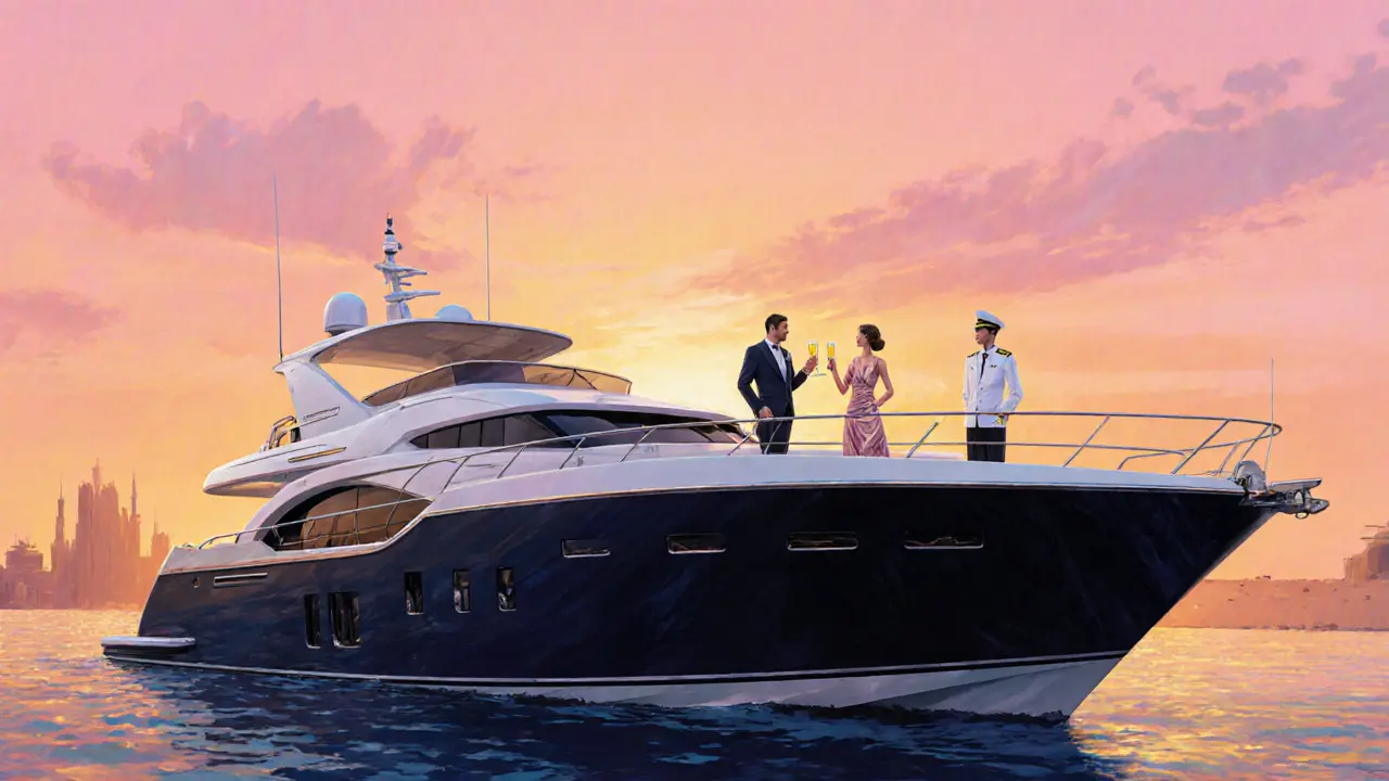 Couple in formal attire on a luxury yacht at sunset, sharing champagne.