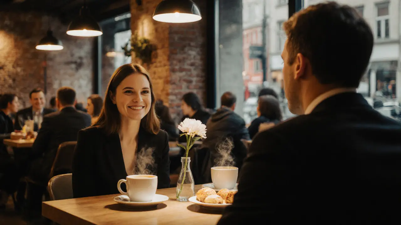 Couple sharing coffee and a flower at Five Elephant café, warm lighting.