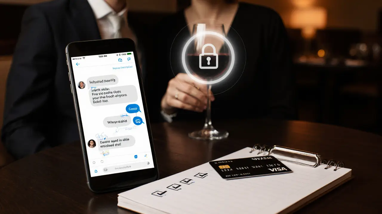 Discreet scene showing a phone with encrypted messages, a credit card, and a classy companion, emphasizing safety.