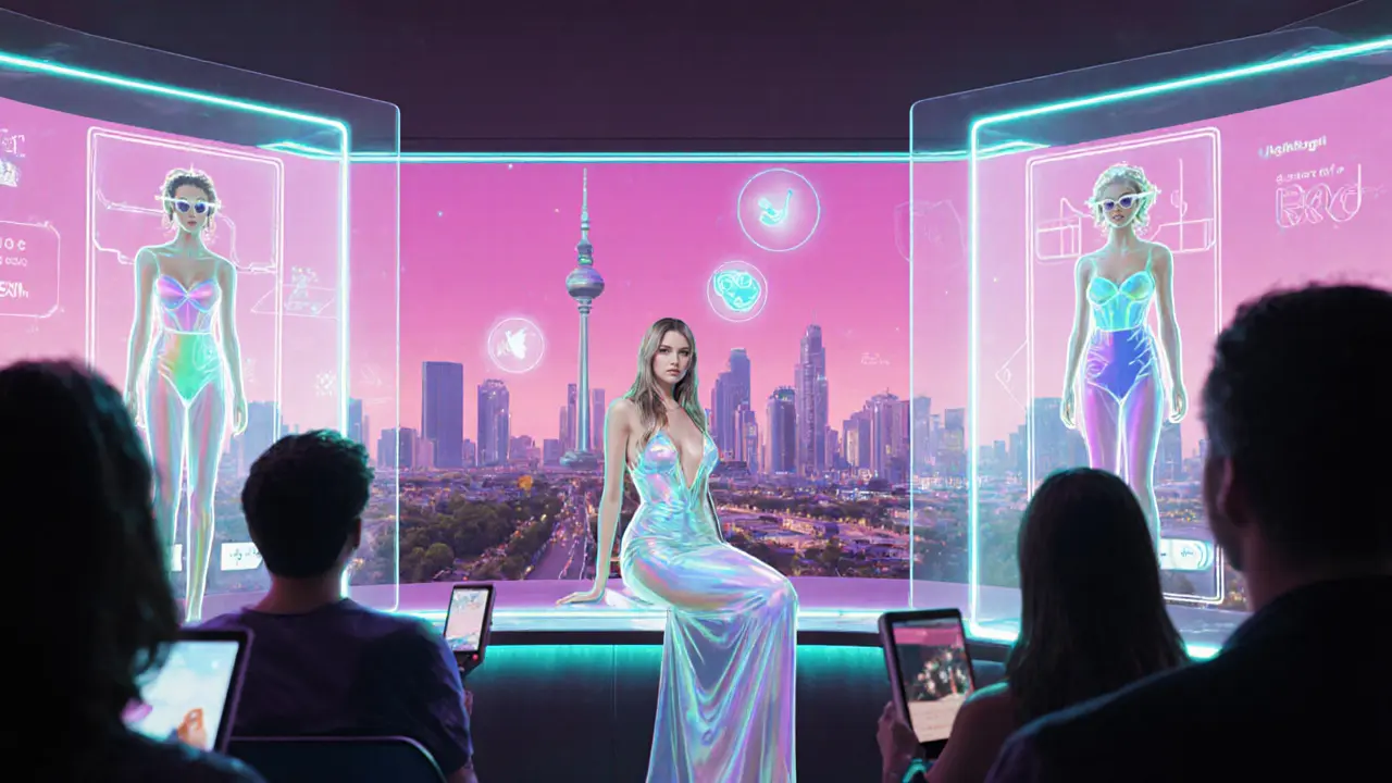 Escort hosting a VIP livestream from a runway after‑party, surrounded by holographic fashion.