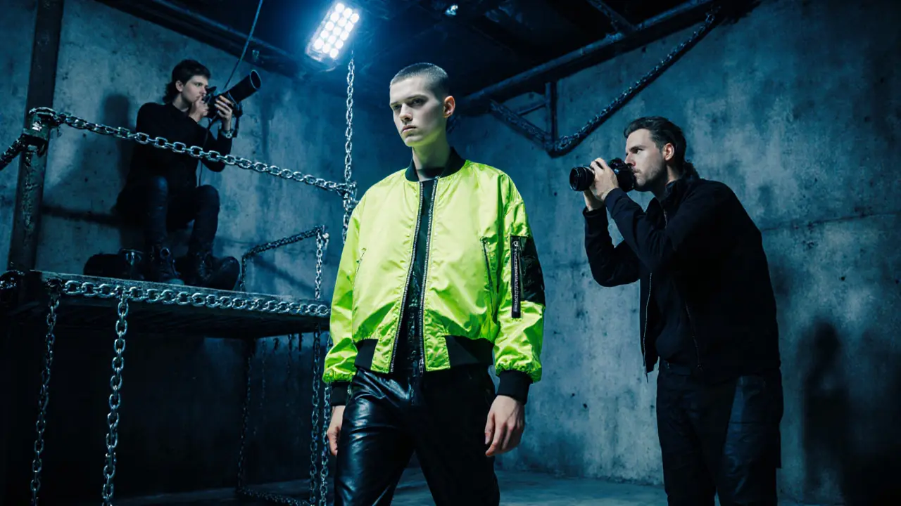 Escort modeling a neon bomber jacket at an underground club runway.