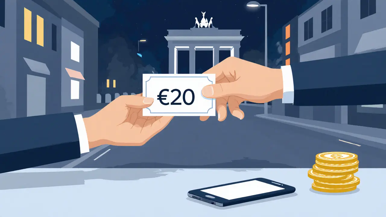 Hand exchange of cash on Berlin street, smartphone indicating a thank‑you.