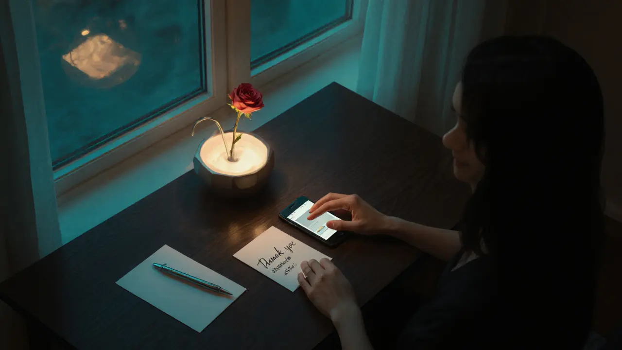 Hand holding a phone and a thank‑you note beside a rose in a twilight office.