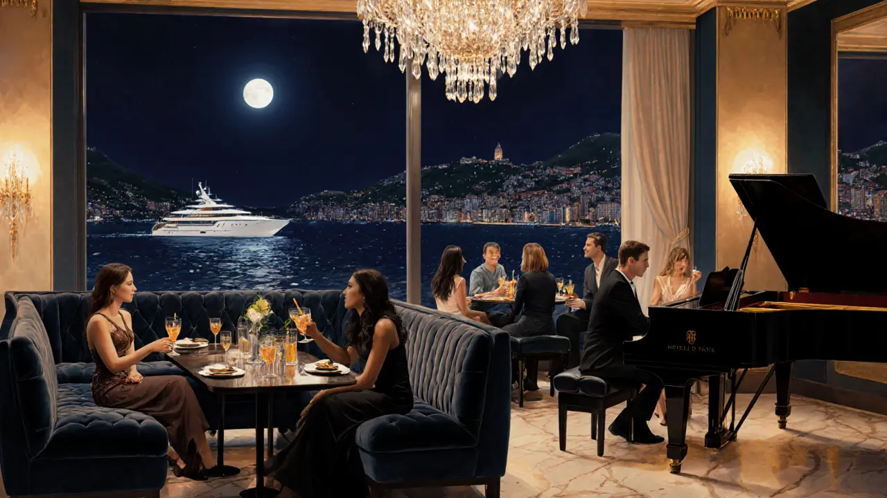 Hôtel de Paris Bar lounge with piano, cocktails, and midnight skyline.
