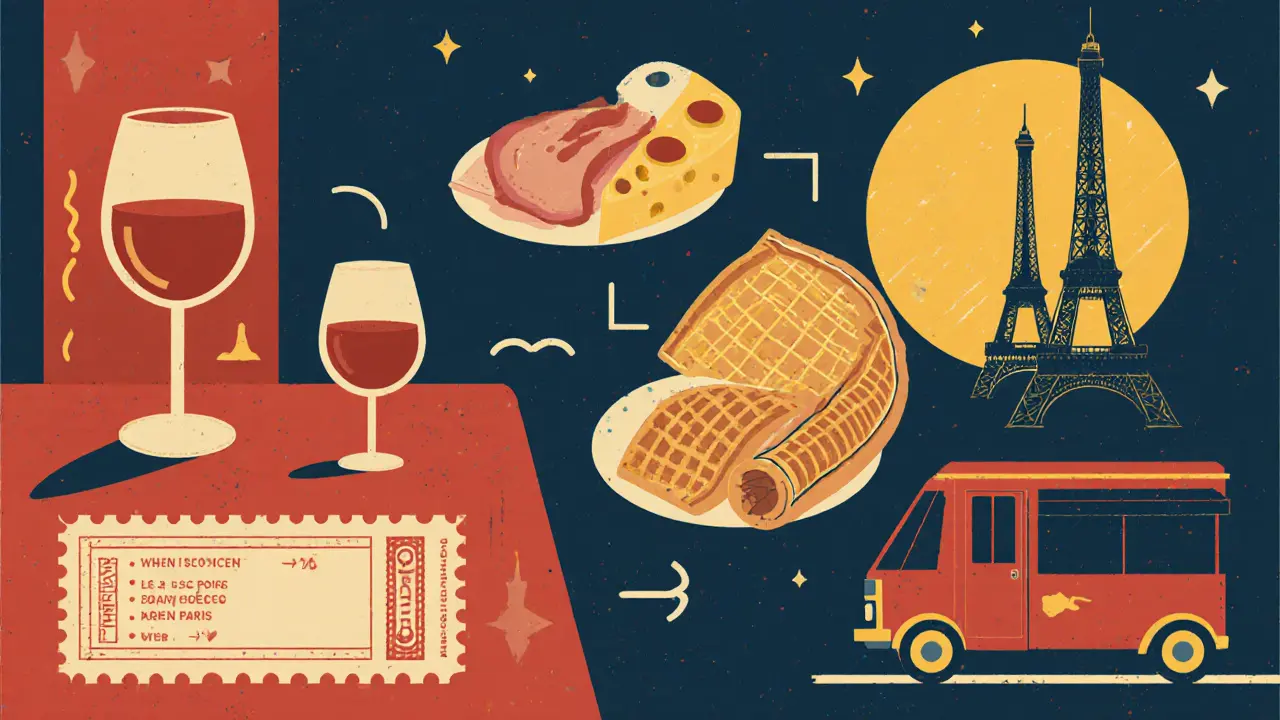 Illustration of a budget Paris night itinerary: wine, crepe, kebab, and Metro ride.