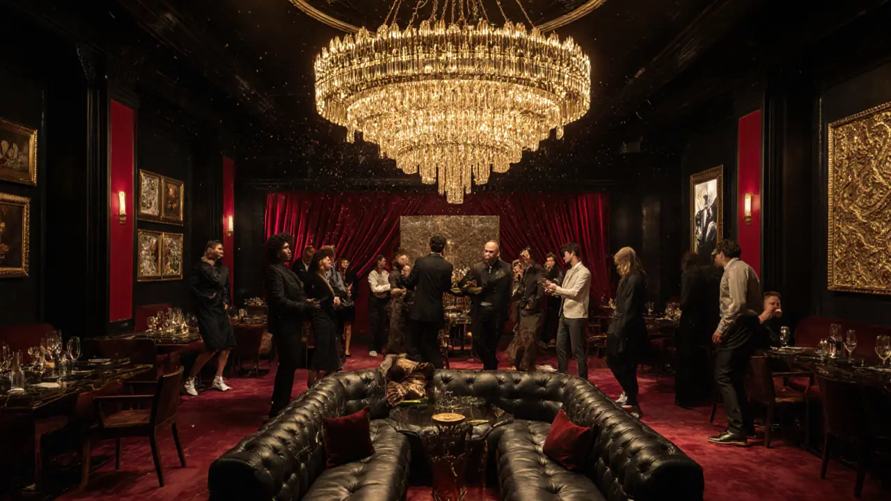 Inside Cavalli Club with golden chandelier, stylish crowd dancing.