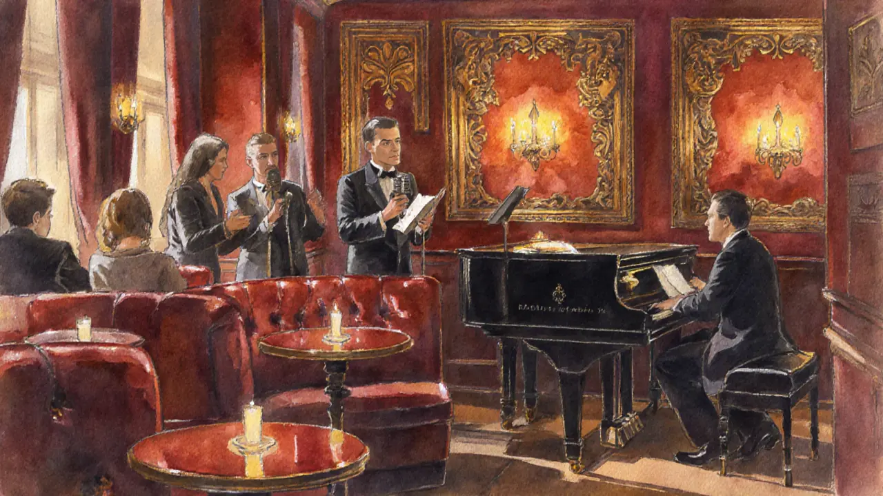 Inside Le Bar à Chansons with velvet booths, a pianist, and a singer using a vintage microphone.