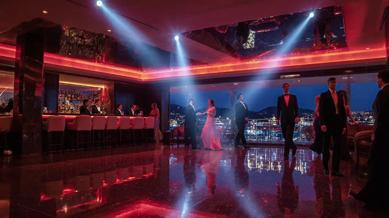 Interior of Jimmy'z Monte Carlo with LED lights, dance floor, and terrace view.