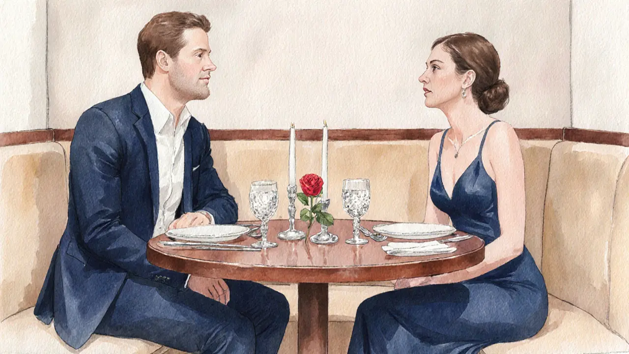 Intimate restaurant booth with candles, rose, and two well‑dressed people.