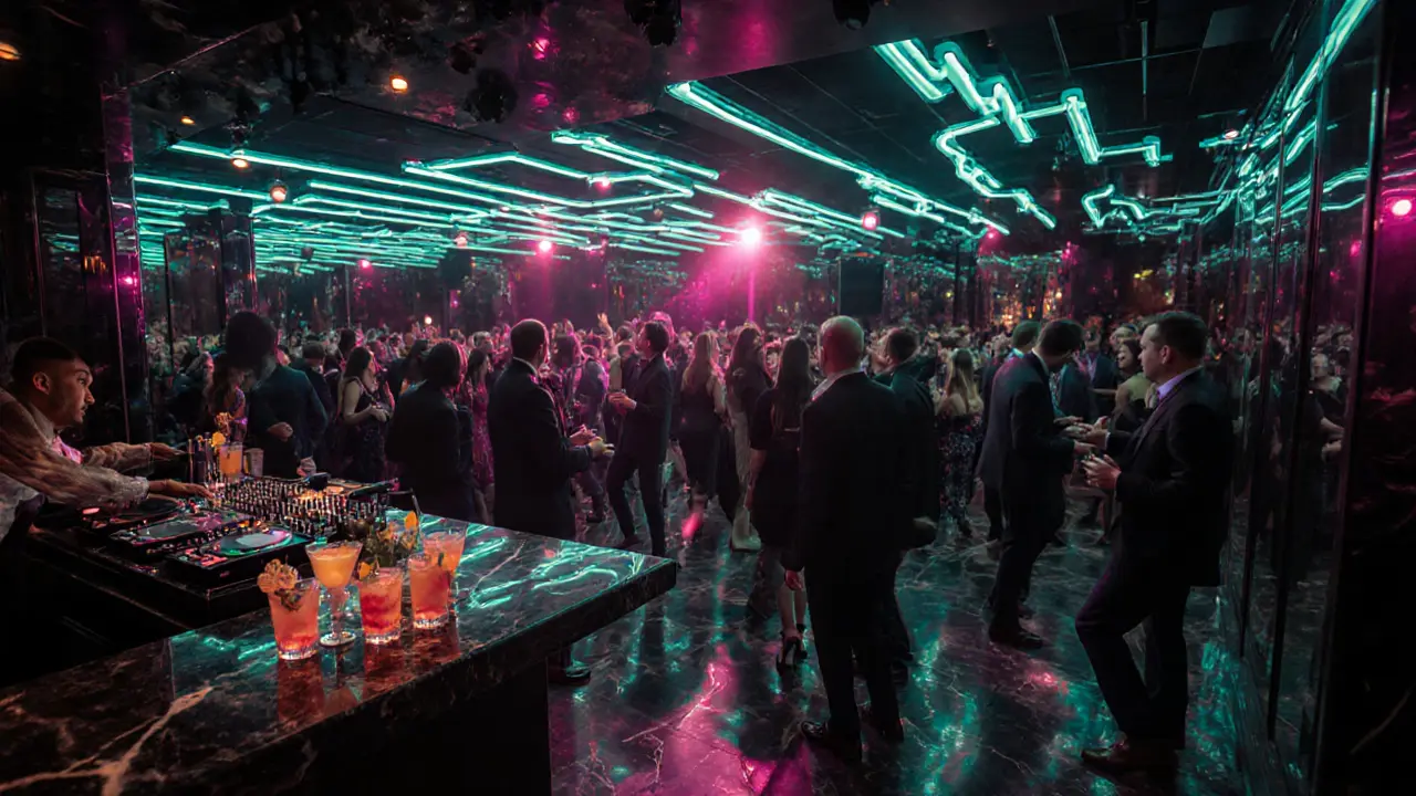 Jimmy&#039;z club interior with DJ, dance floor, and glamorous crowd.