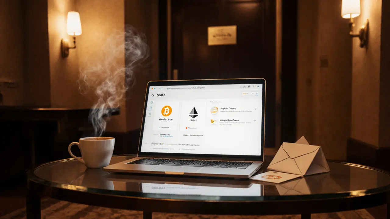 Laptop showing escrow and crypto icons beside a coffee cup in a discreet hotel setting.