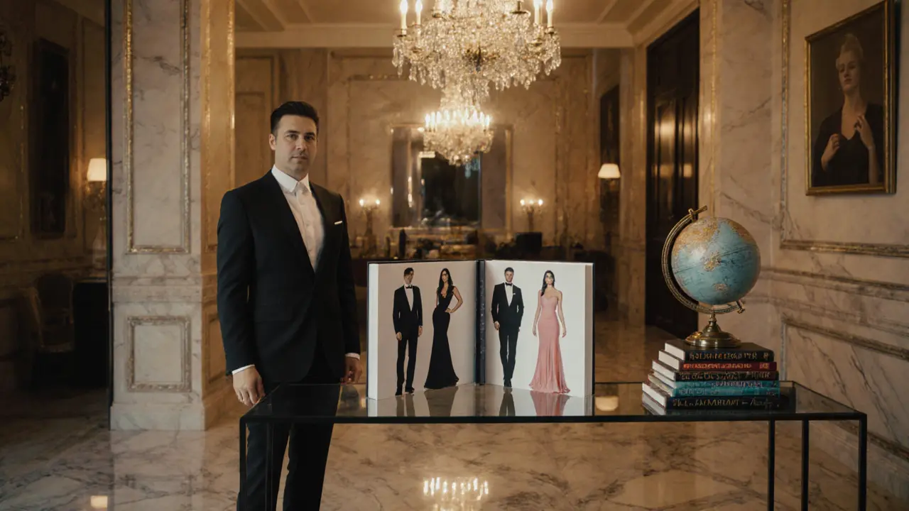 Luxurious Mayfair boutique office with a concierge presenting elegant companions.