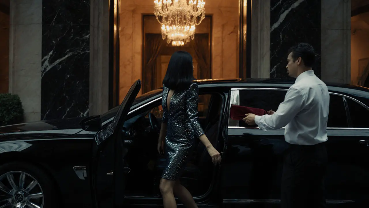 Luxury black limousine arrives at a boutique hotel as a stylish escort steps out.