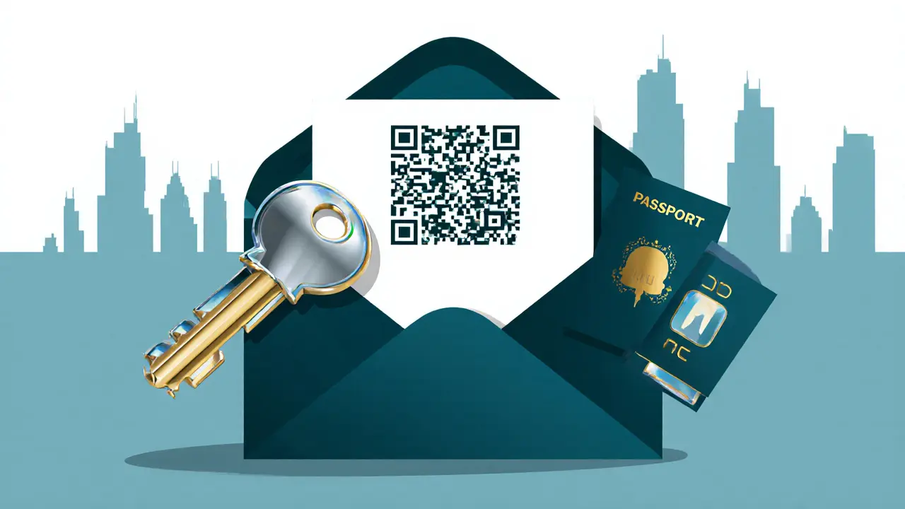 Minimalist illustration of a key, encrypted QR code, and passport symbolizing discretion.
