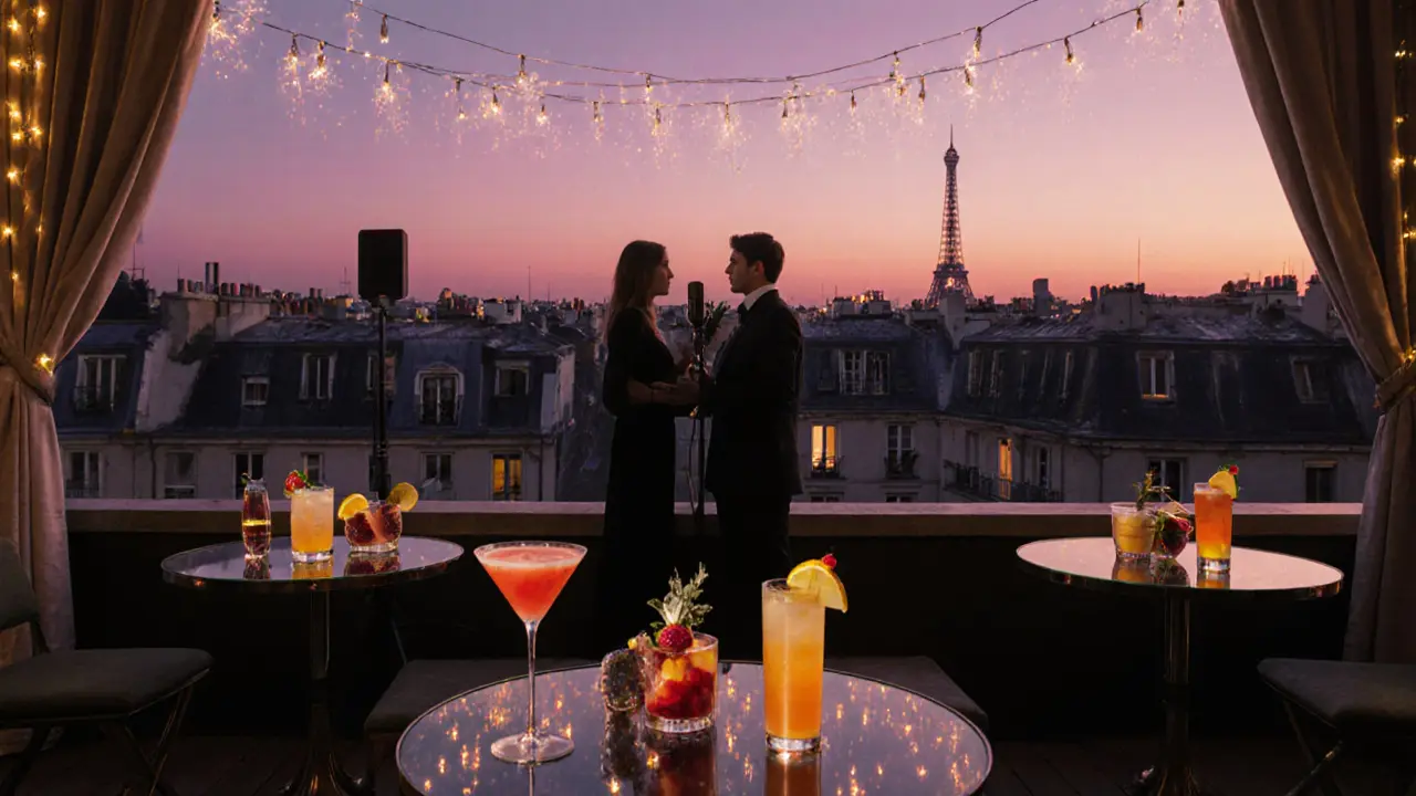 Rooftop bar at sunset with cocktails, fairy lights, and a couple singing on stage over Paris rooftops.