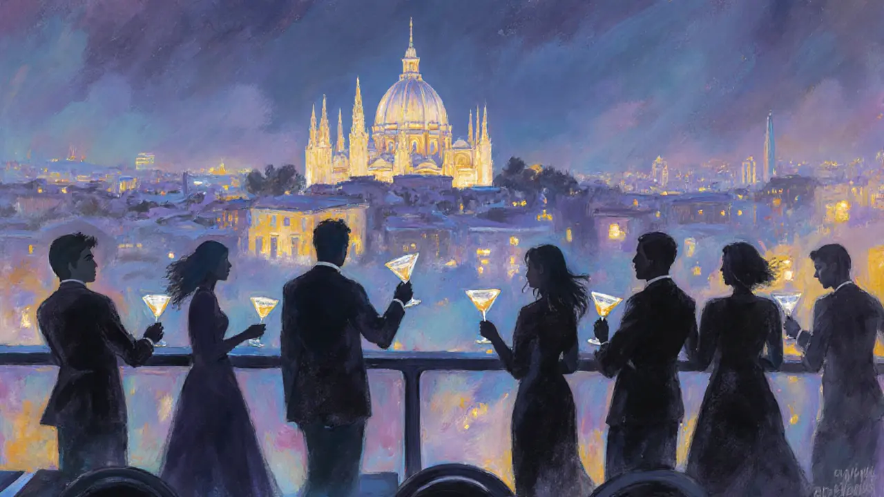 Rooftop terrace overlooking illuminated Duomo with guests sipping martinis.