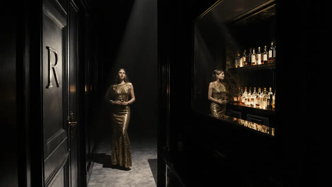 Secret VIP club entrance with a silver &#039;R&#039; door, gold sequin dress reflected in a dark mirror.