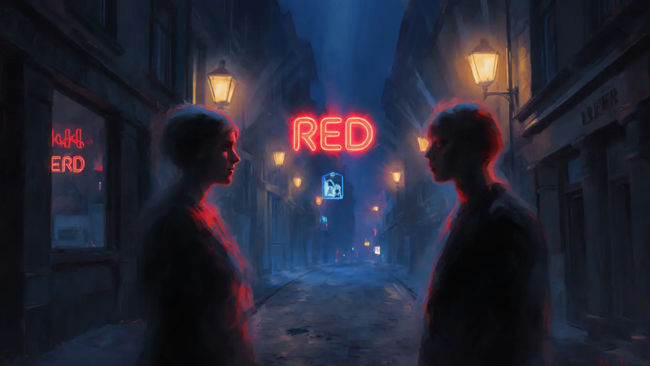 Silhouettes of two people with a floating red safe‑word symbol, set against dim Berlin lights.