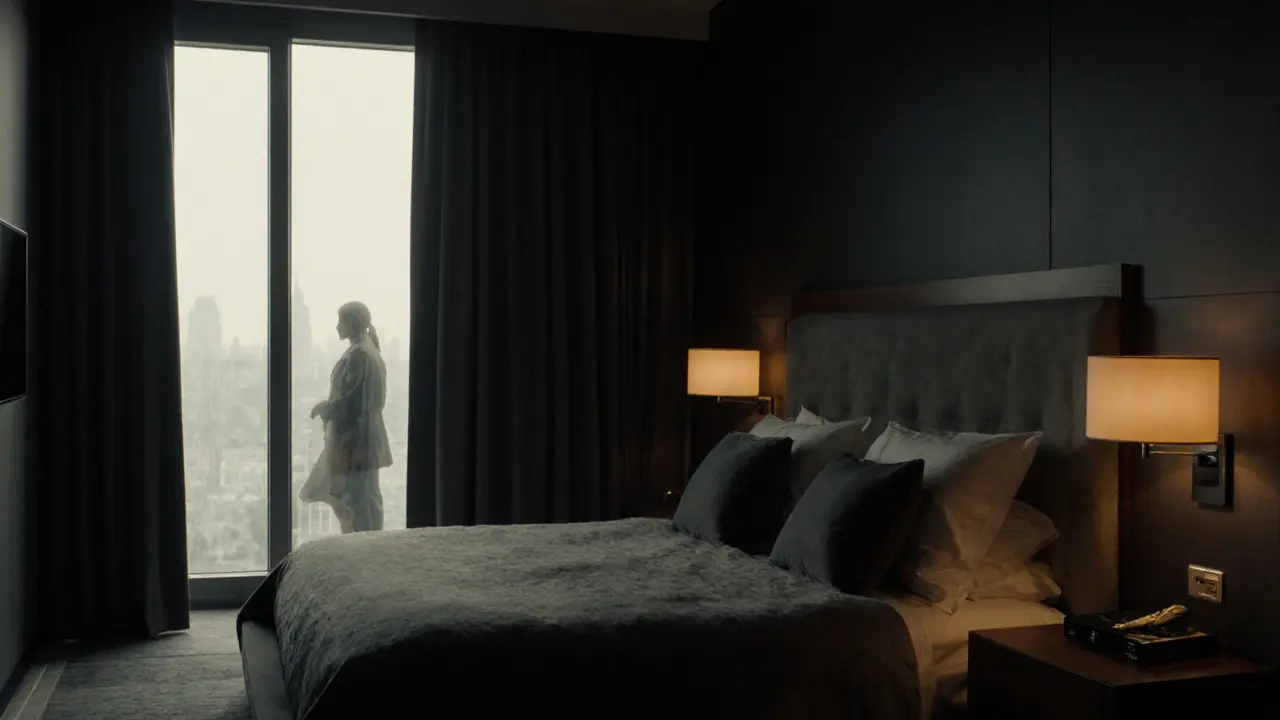 Soundproof hotel suite with blackout curtains, dim amber lighting, and a key‑card door.