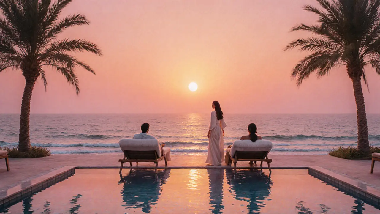 Sunset private beach villa with couple and companion relaxing beside a pool.
