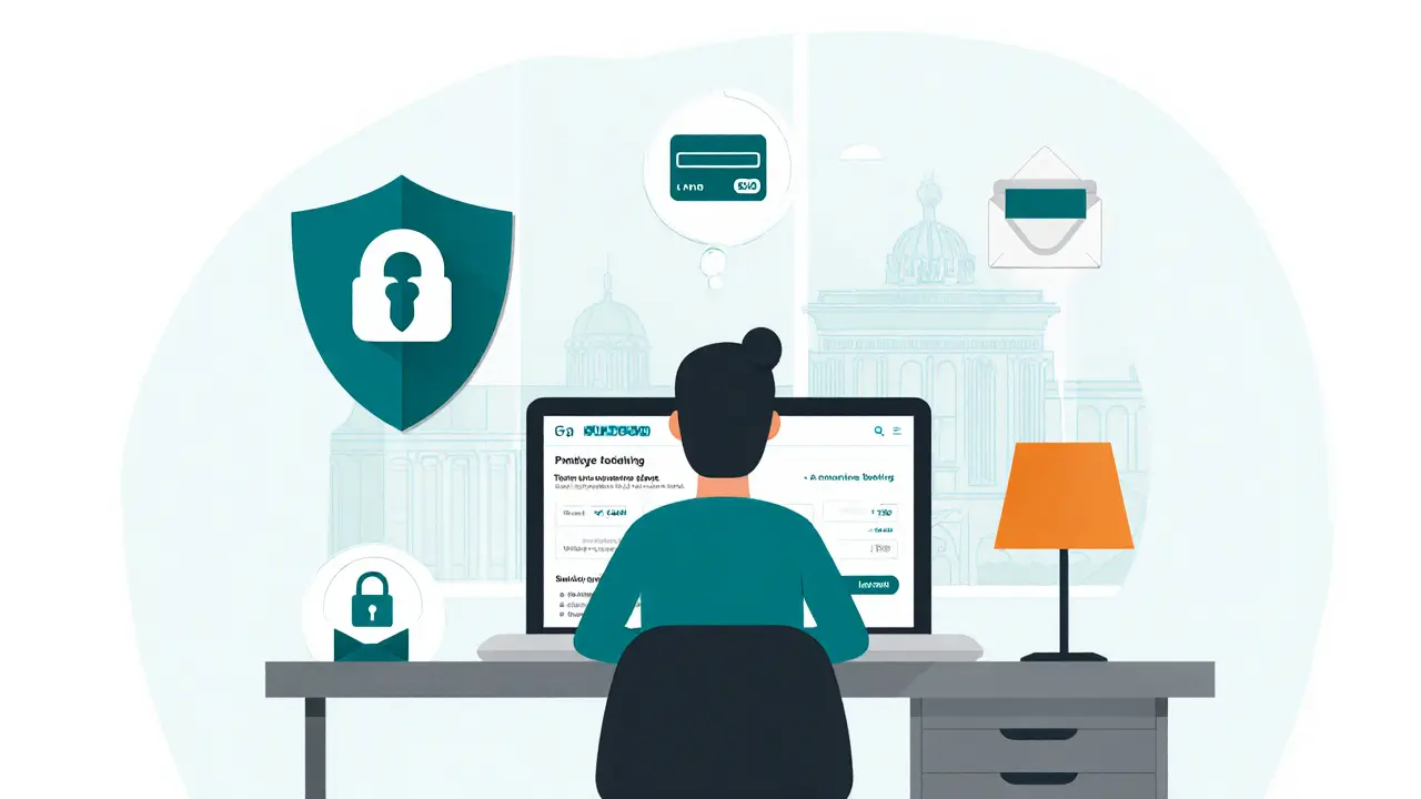 Traveler using a laptop with privacy icons like a VPN shield and masked email.