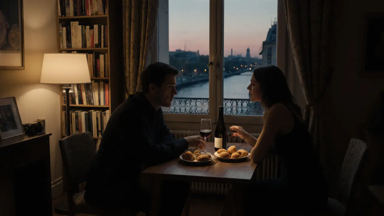 Two people share a quiet evening with wine and pastries in a Parisian apartment.