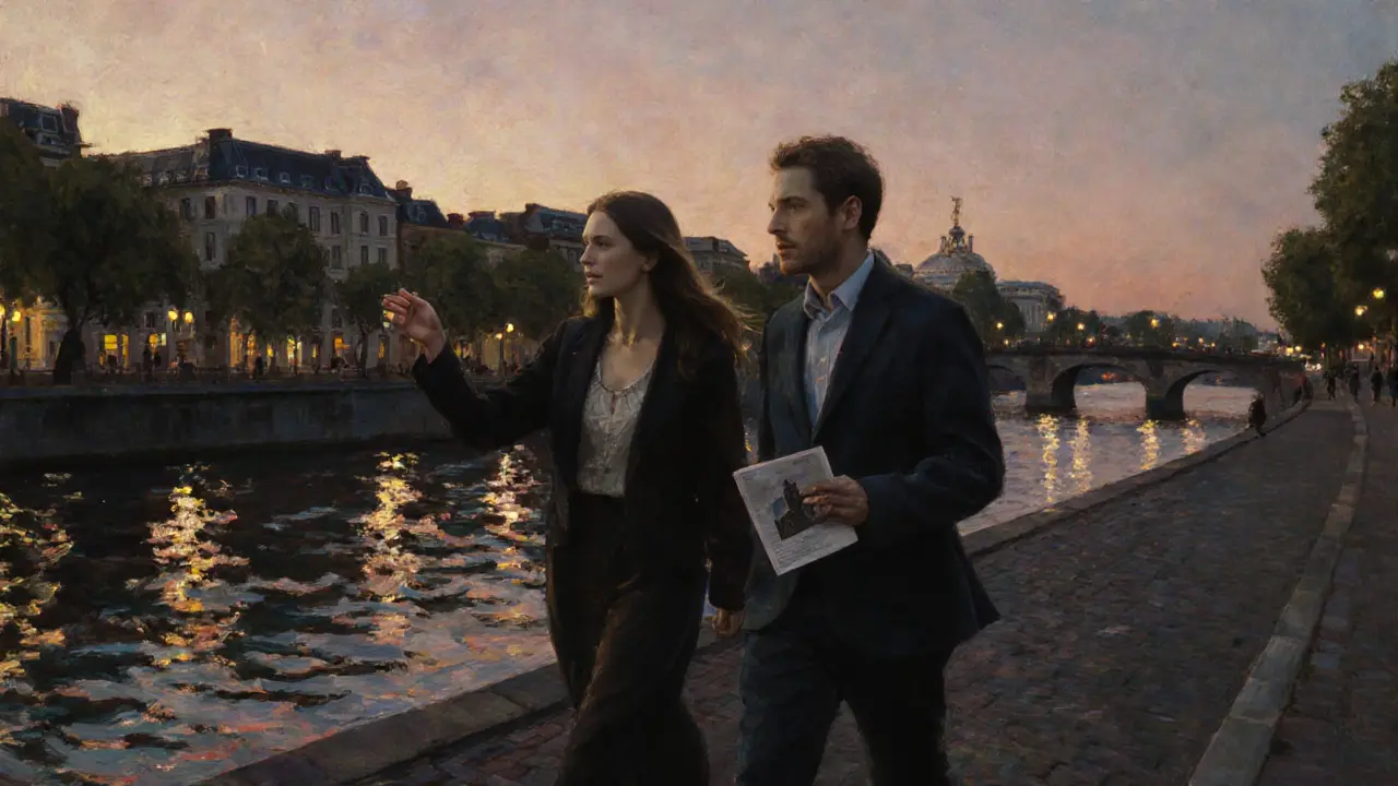 Two people walking peacefully along the Spree River at dusk, enjoying each other&#039;s company.