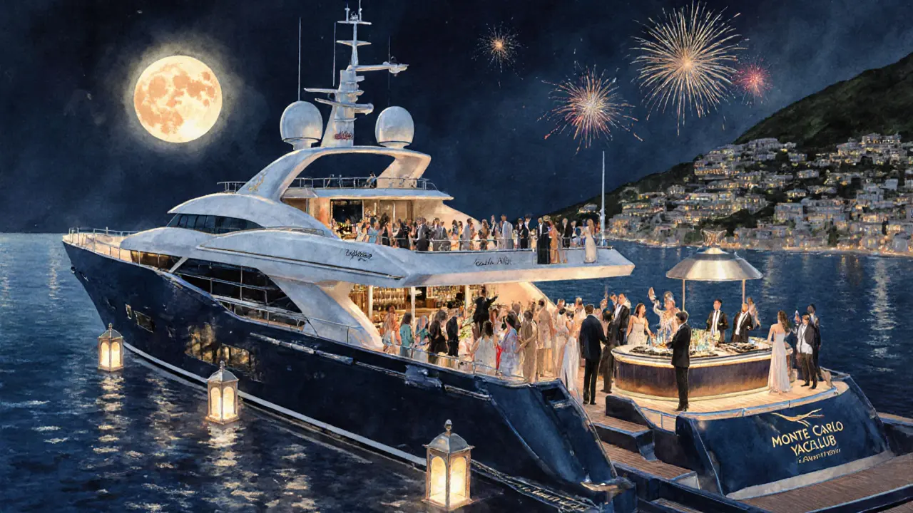 Watercolor scene of a luxury yacht party with guests and moonlit sea.