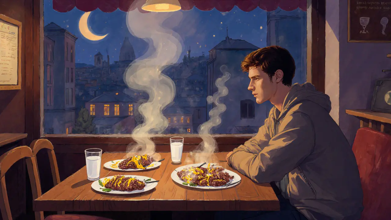 24-hour kebab shop at dawn serving İskender kebab with steam rising from the plate.