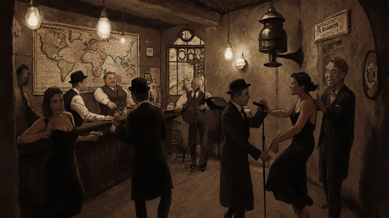 A 1940s-style underground bar with swing musicians and patrons dancing in vintage attire.