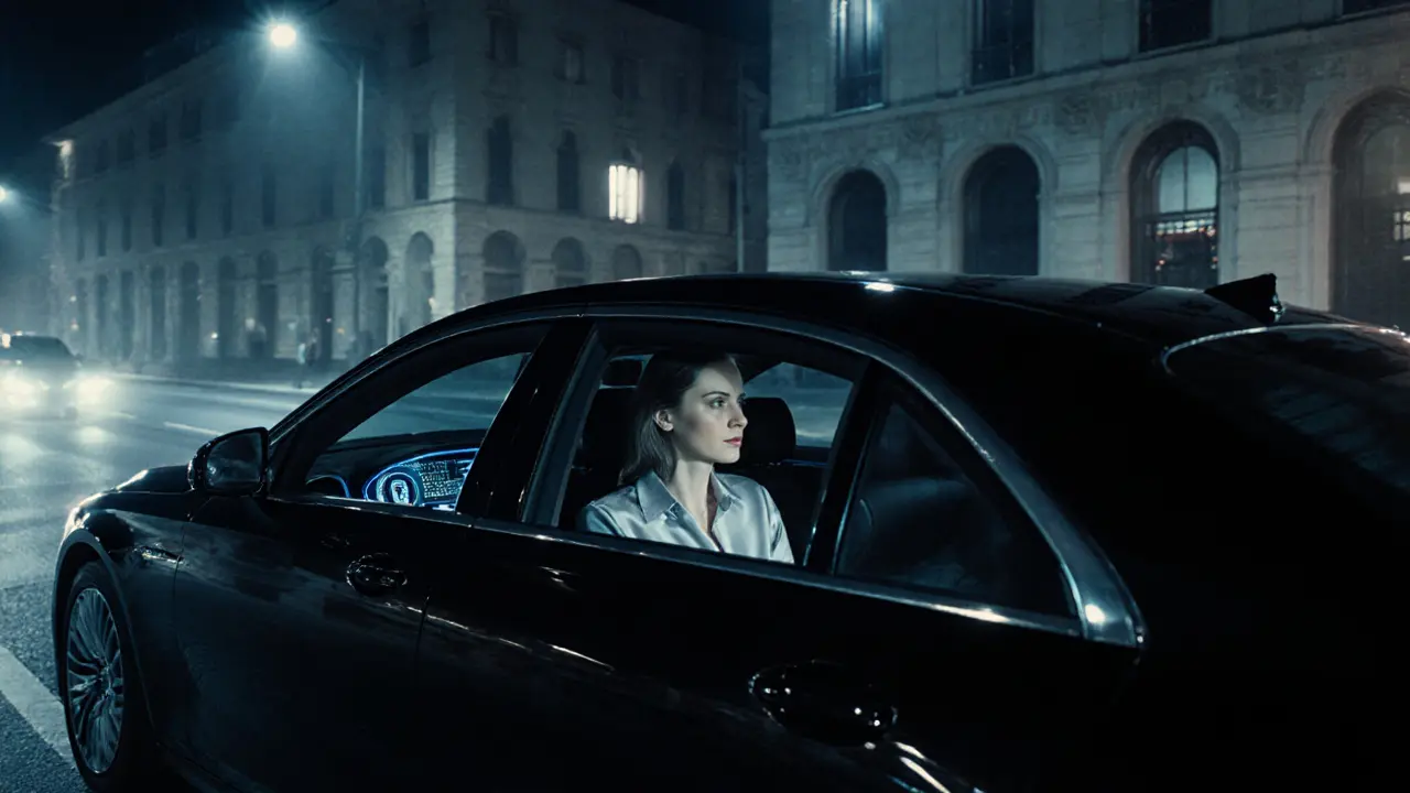 A black luxury sedan driving silently through nighttime Milan, windows tinted, reflecting historic buildings.