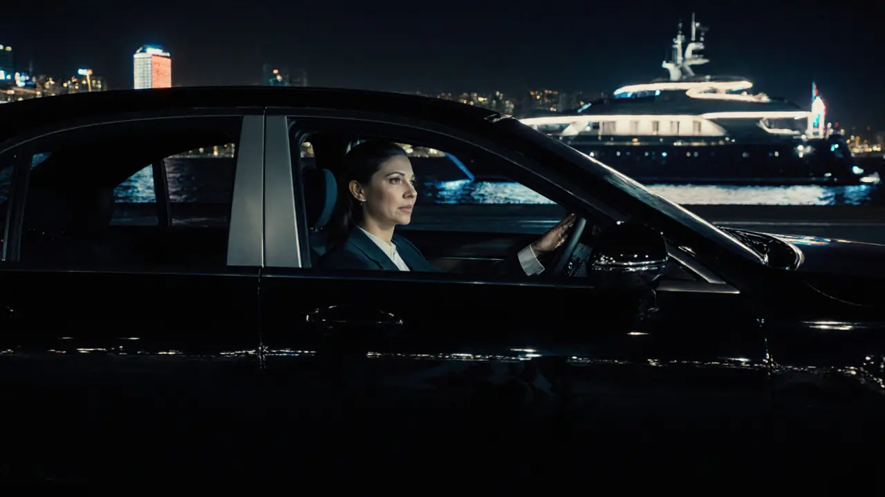 A black Mercedes glides along the Corniche at night, reflecting city lights, hinting at discreet companionship.