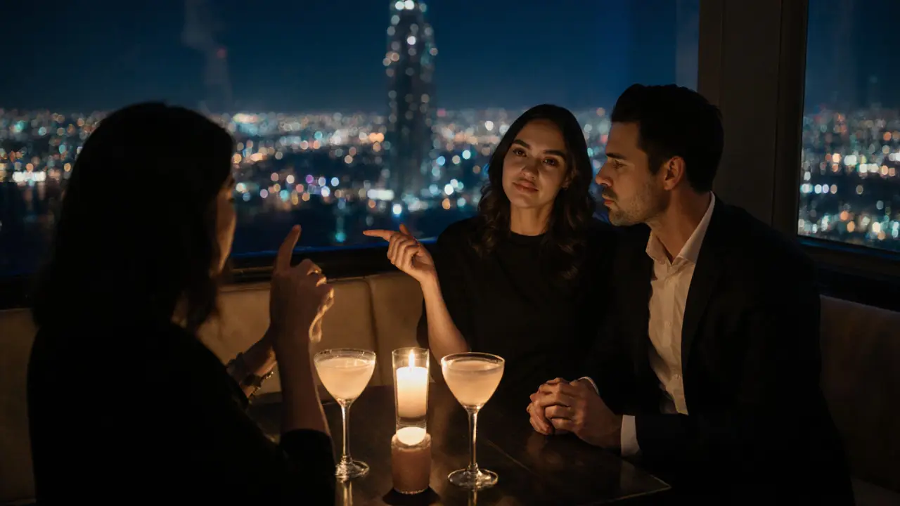 A couple enjoying a private rooftop drink at sunset, overlooking Abu Dhabi&#039;s illuminated skyline.