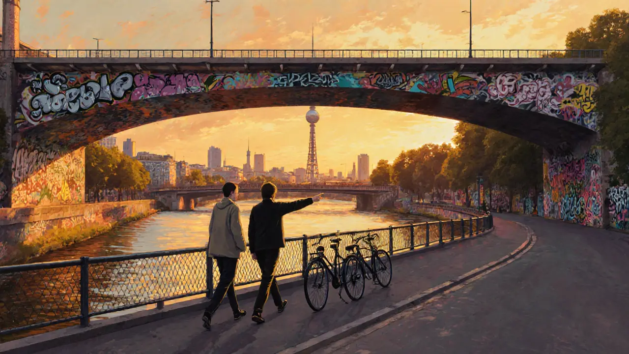 A couple walking along the Spree River near Oberbaum Bridge at sunset, city lights beginning to glow.