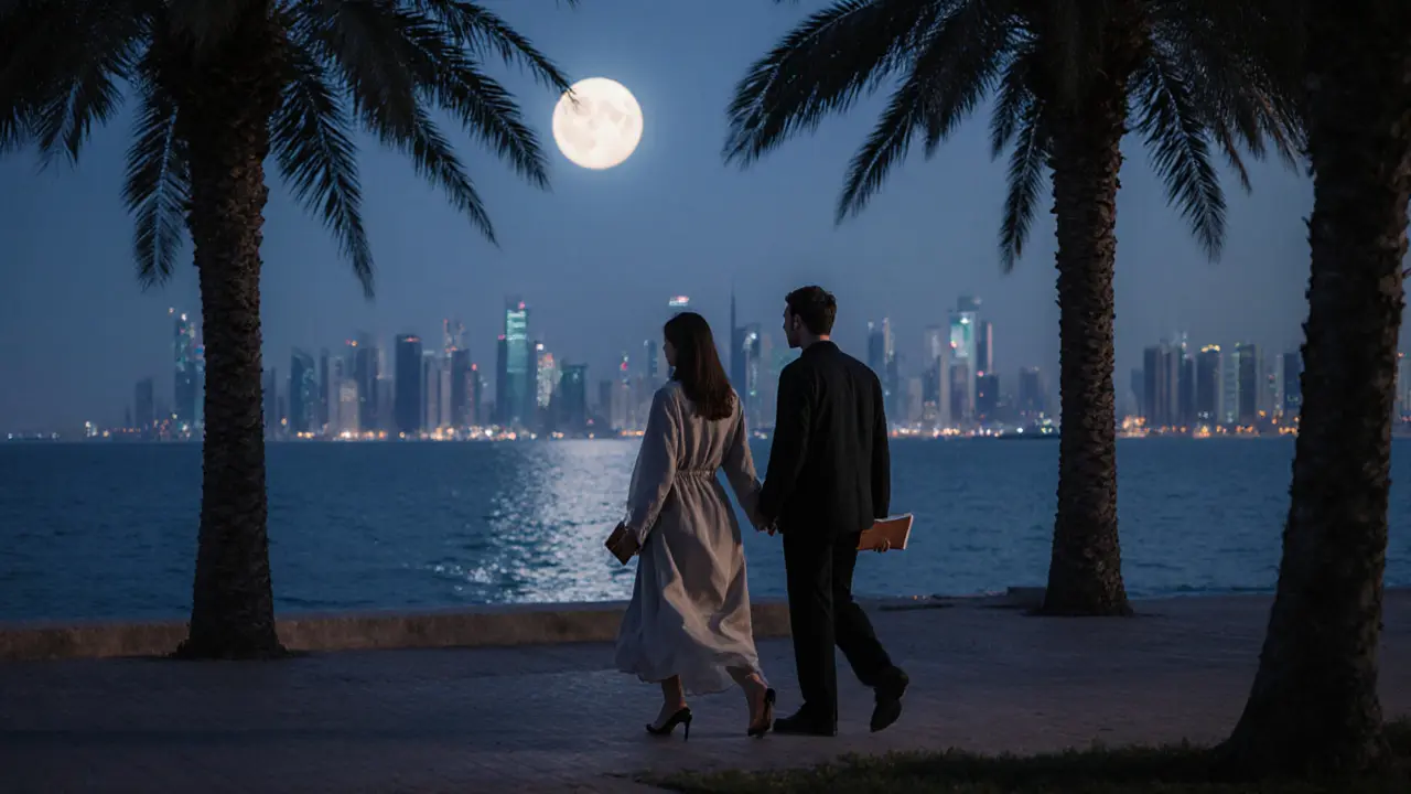 A couple walking peacefully along the Corniche at night under the moonlight, city lights glowing in the distance.