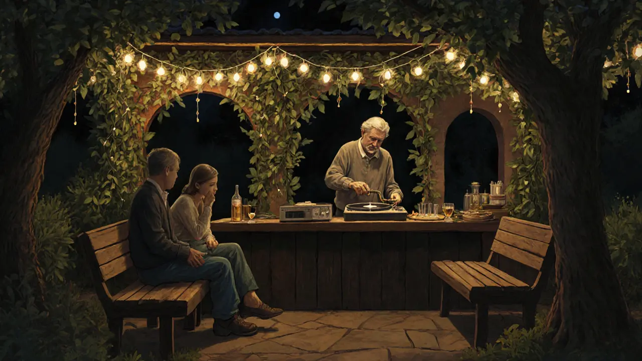 A cozy garden bar with string lights and a turntable, two people sitting in quiet reflection.