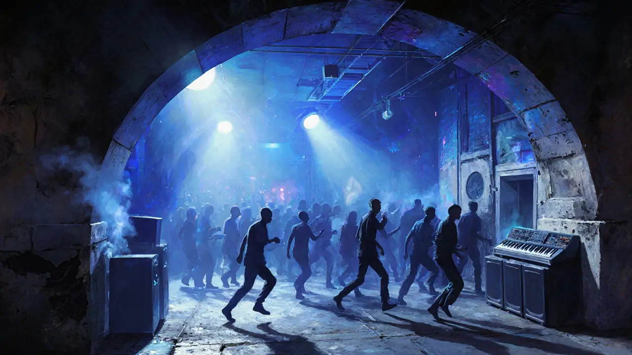 A crowd dances in an underground techno club beneath a railway arch, bathed in blue and indigo strobe lights.
