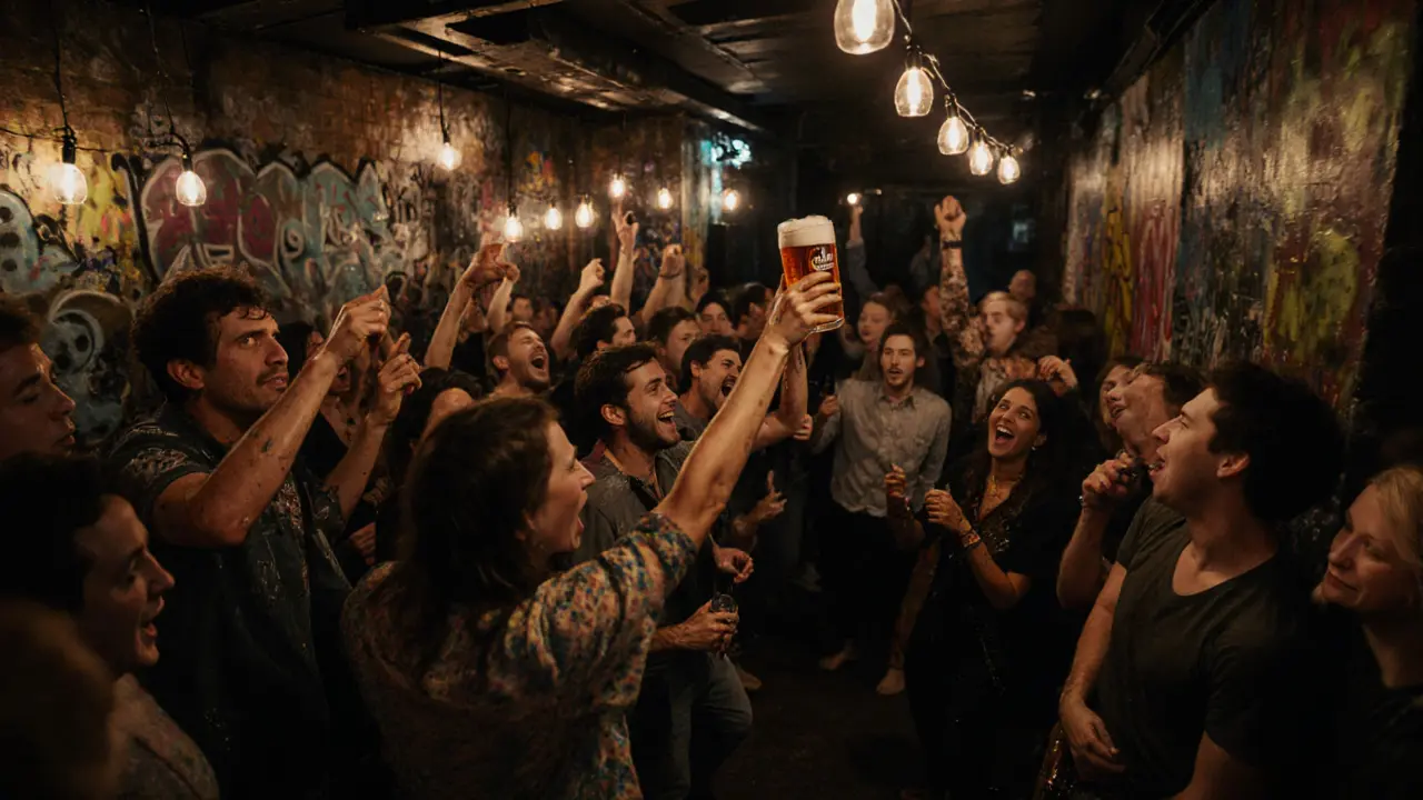 A crowded basement music venue with a live band and sweaty, joyful crowd raising pints.