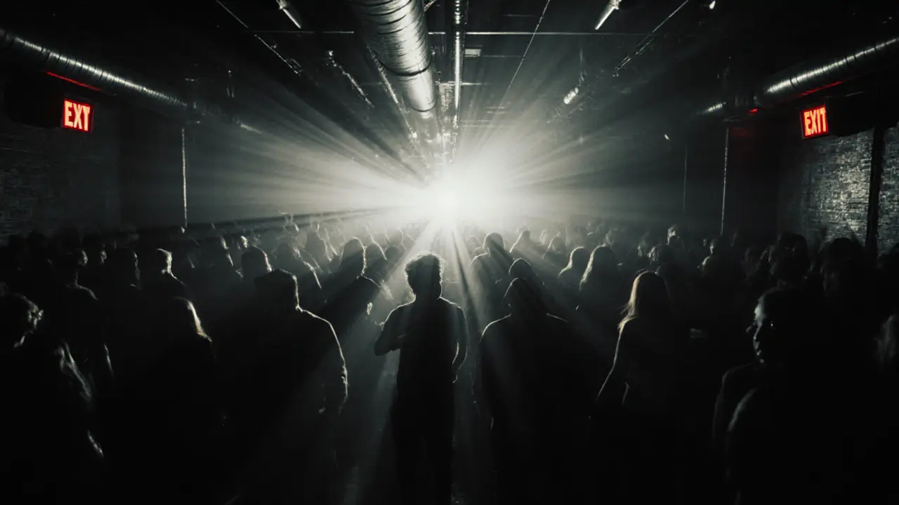 A crowded techno club with silhouettes dancing under pulsing strobe lights and bass vibrations.